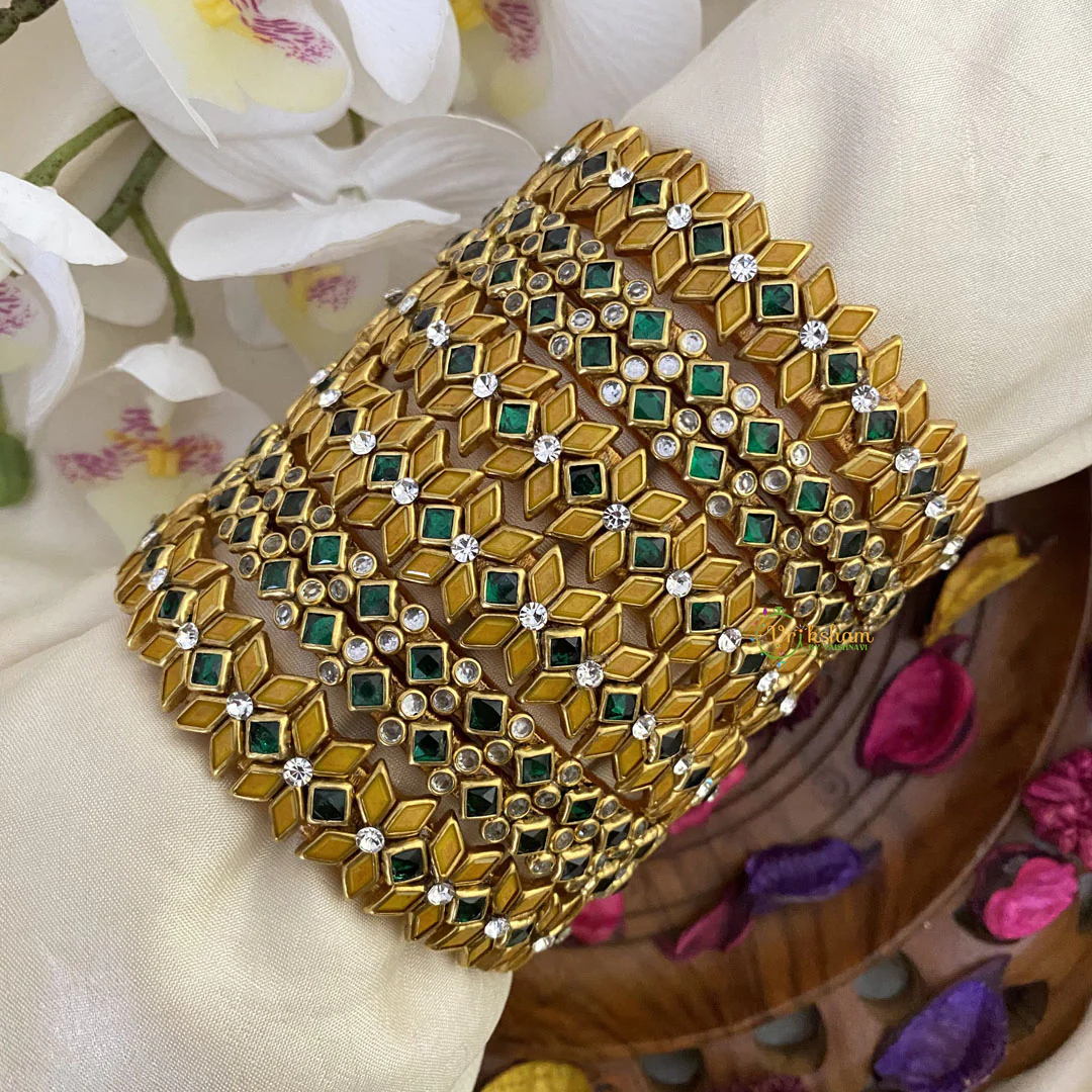 Silk Thread Kundan Bangle Set - Mustard Yellow & Green
